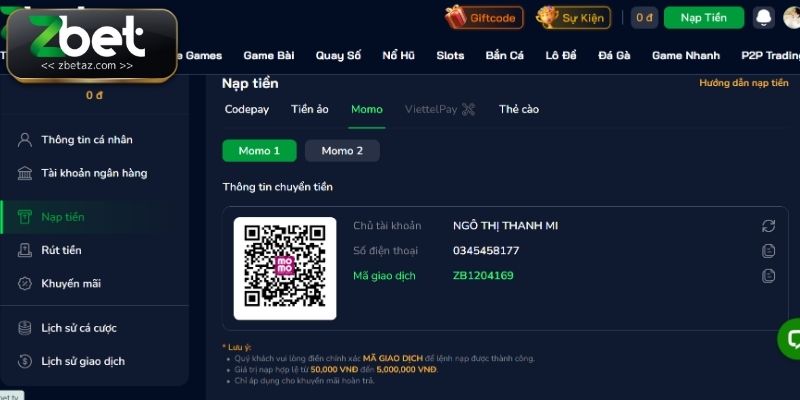 Bạn phải đảm bảo số tiền nạp tối thiểu khi thực hiện