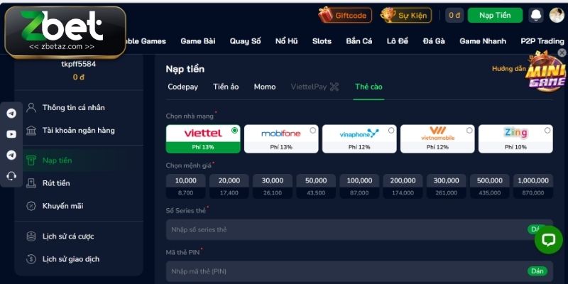 Nạp tiền ZBET qua thẻ cào cực tiện lợi và bảo mật thông tin